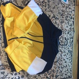 Yellow , white , and dark blue hoodie